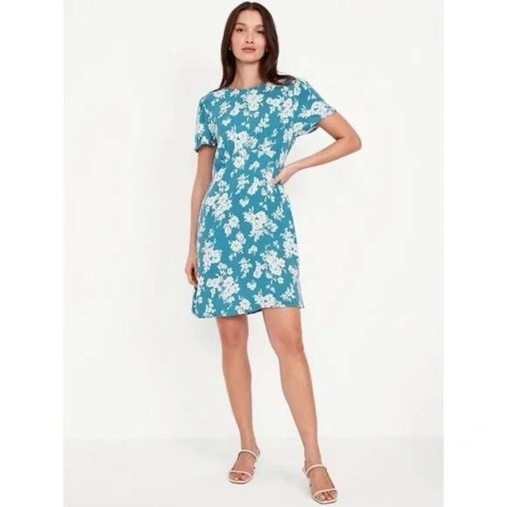 NWT Old Navy Floral Mini Dress Size S Teal Blue Short Sleeve‎ Rayon Pockets